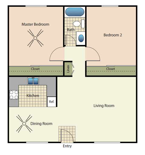 Floor plan for 2 beds, 1 bath, 900 sqft